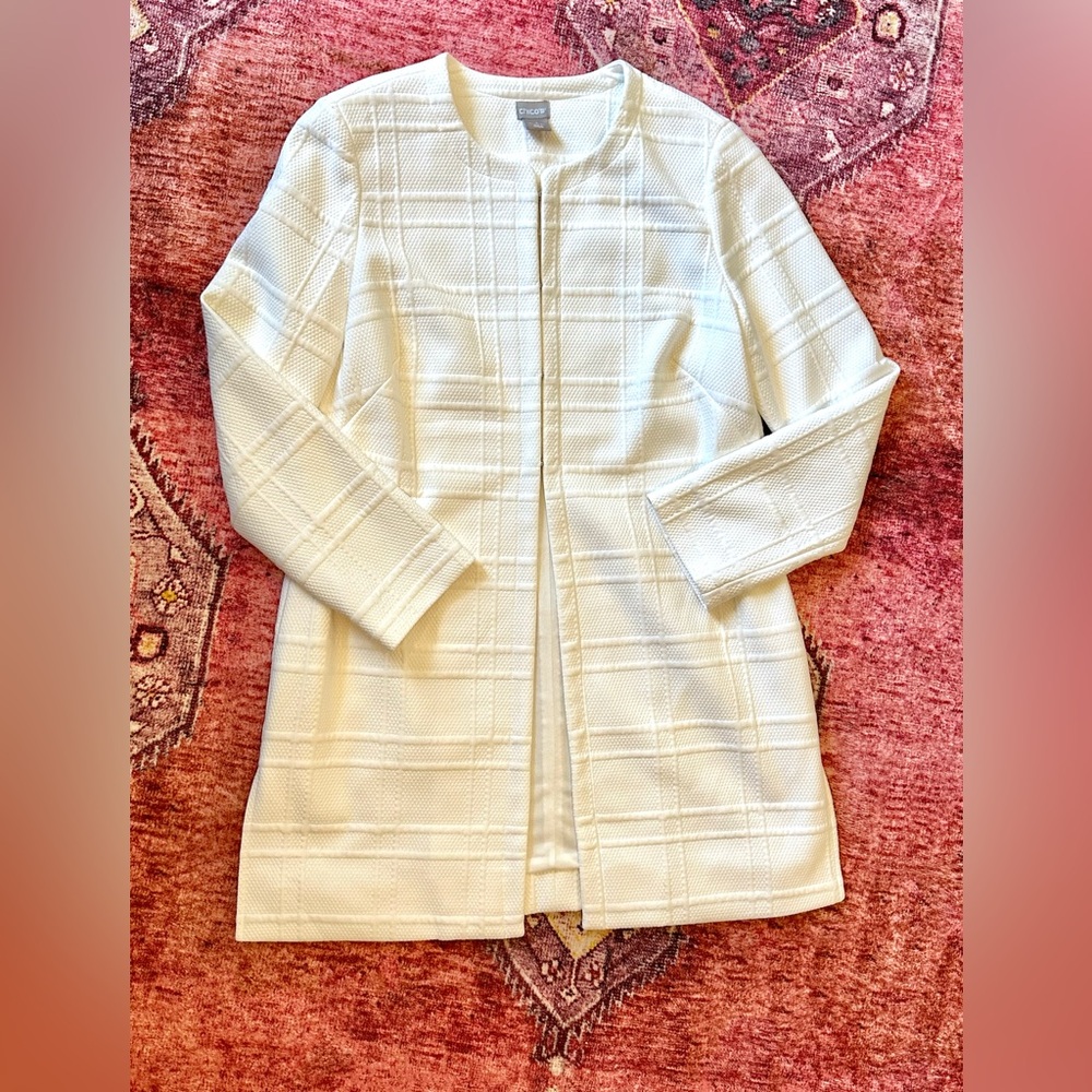 Chico’s white eye hook classic coat.